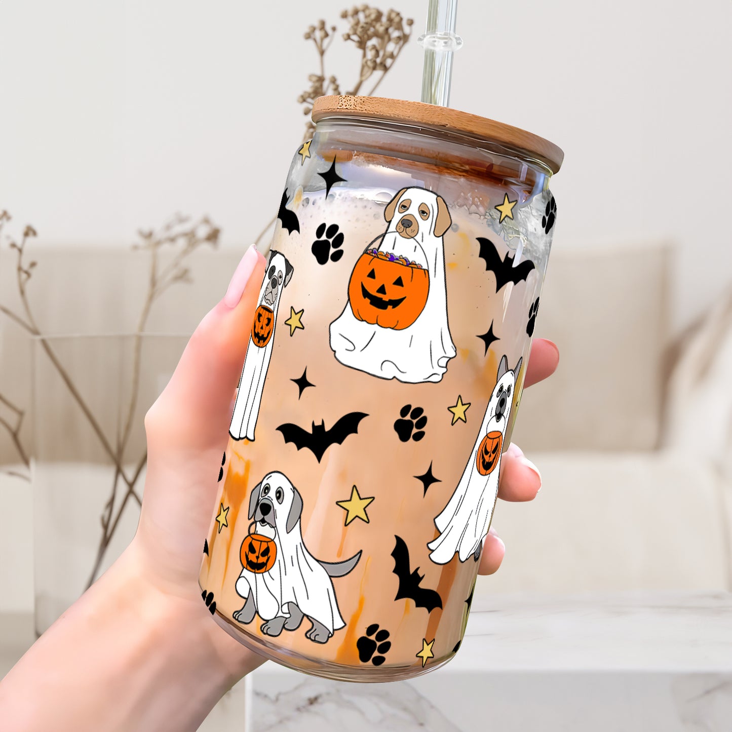 Petthouse | Ghost Dog Halloween Glass Cup, Halloween Dog Ghost Boo Spooky Vibes Cup, Halloween Gift