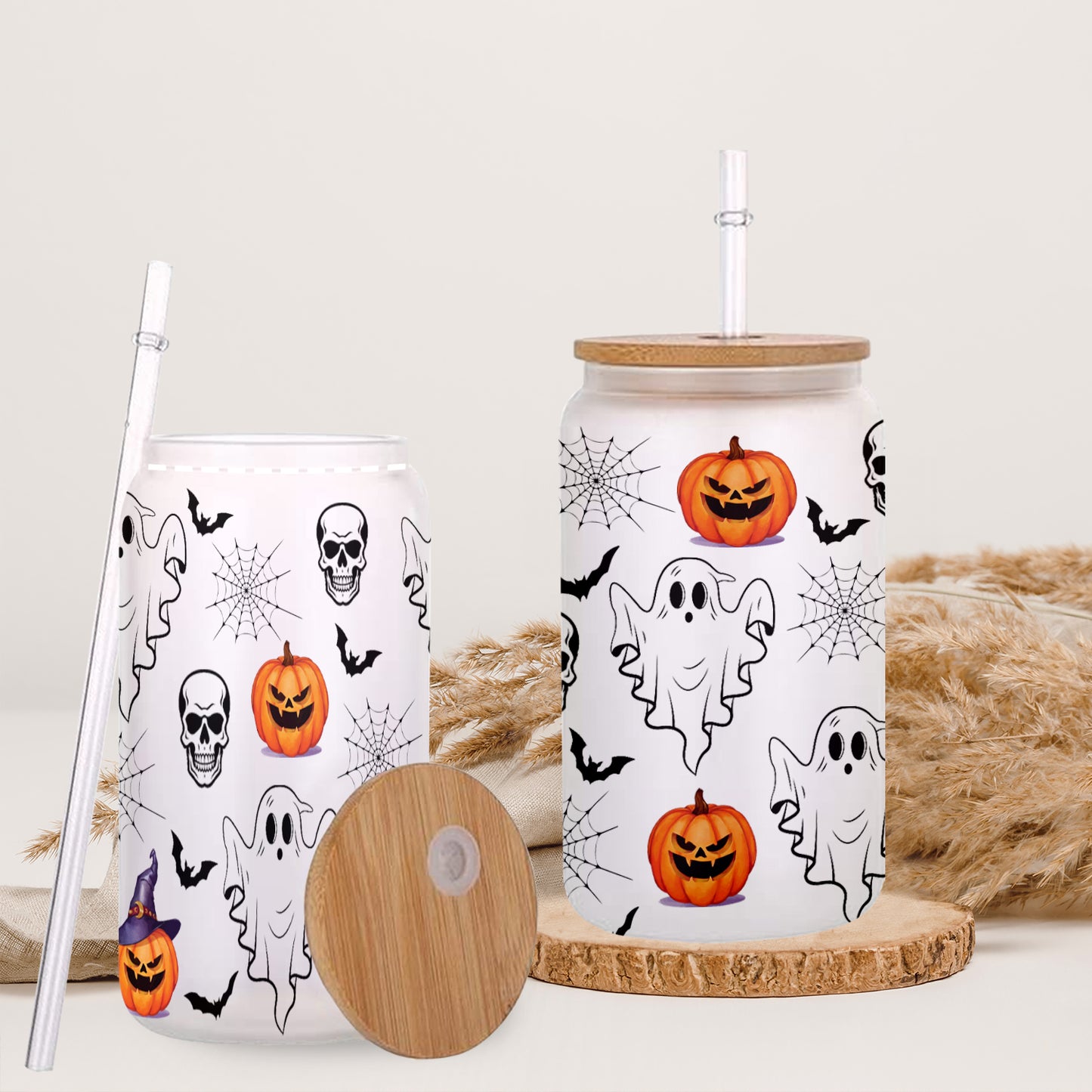 Petthouse | Ghost Halloween Glass Can, Skulls And Ghosts Glass Can, Spooky Season Pumpkin