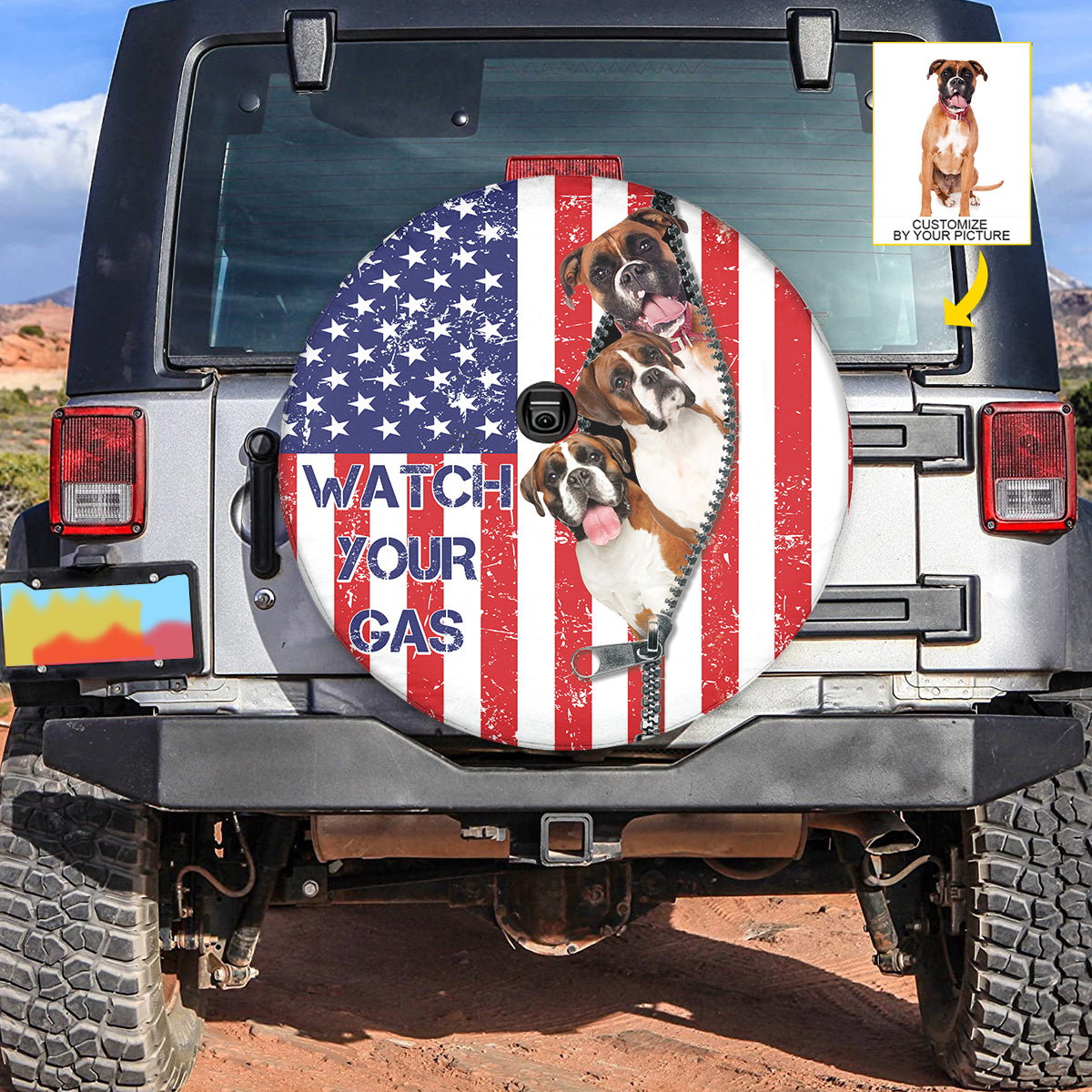 Petthouse | Personalzied Spare Tire Covers Boxer Watch Your Gas Tire Cover For Car American Flag Patriot