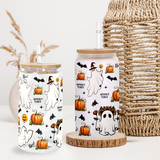 Petthouse | Ghost Spooky Vibes Glass Can, Ghost Boo Spooky Iced, Halloween Spooky Vibes Glass Cup