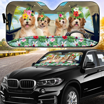 Petthouse | Havanese Dog Driving A Car Windshield Sun Shade Hello Summer Sun Visor For Car Hibicus