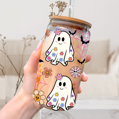 Petthouse | Spooky Ghost Glass Can, Cute Ghost Iced Coffee Glass, Flowers Halloween Glass, Fall Vibes