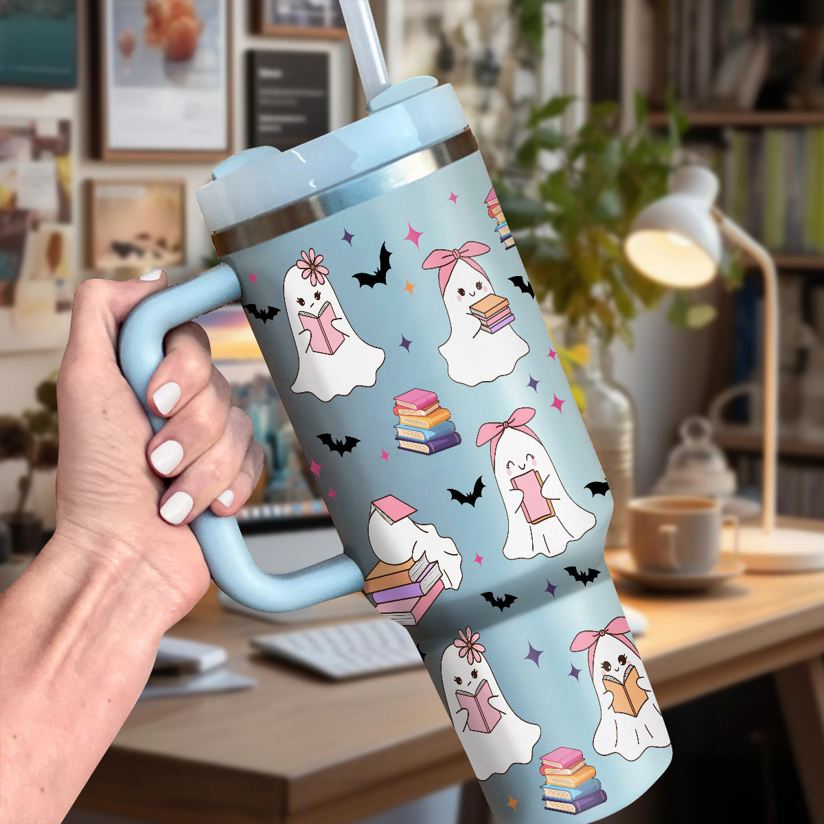 Petthouse | Cute Ghost Reading 40oz Tumbler, Halloween Bookish Tumbler, Halloween Gift For Book Lovers