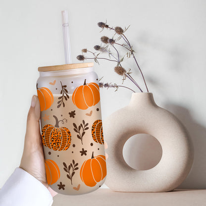 Petthouse | Fall Pumpkins Glass Can, Fall Pumpkins Glass Tumbler, Fall Coffee Glass, Leopard Pumpkin