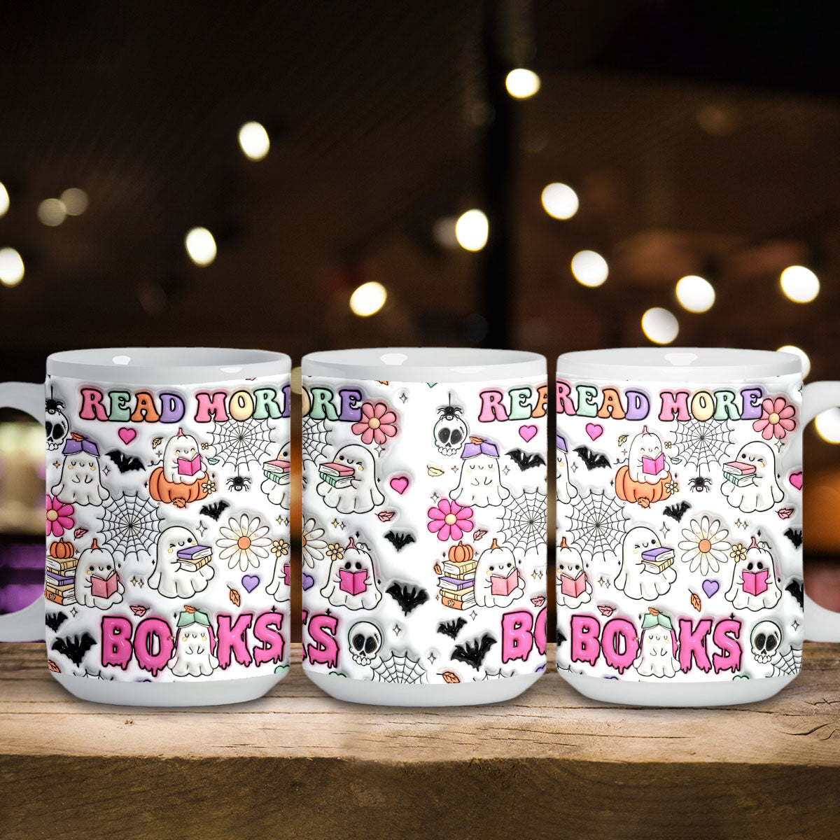 Petthouse | Inflated Book Lover Halloween Mug, Spooky Teacher Mug, Ghost Book Nerd Mug, Reading Books