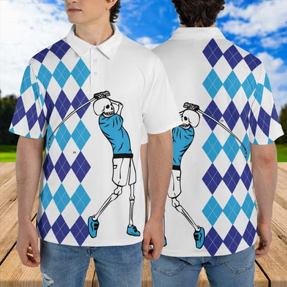 Petthouse | Skeleton Golfer Blue Argyle Pattern Polo Shirt Golf Sport Lover Polo For Mens Golf Players Gift Idea