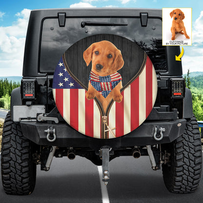 Petthouse | Customized Photo Golden Retriever Spare Tire Cover American Flag Tire Protector Patriot Theme