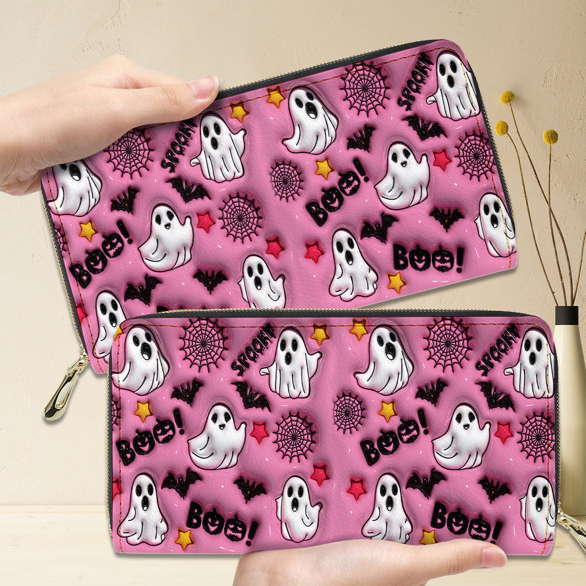 Petthouse | Spooky Boo Print 3d Effect Leather Handbag With Handle, Ghost Pumpkin Bags Wallet, Print 3d Halloween Bags