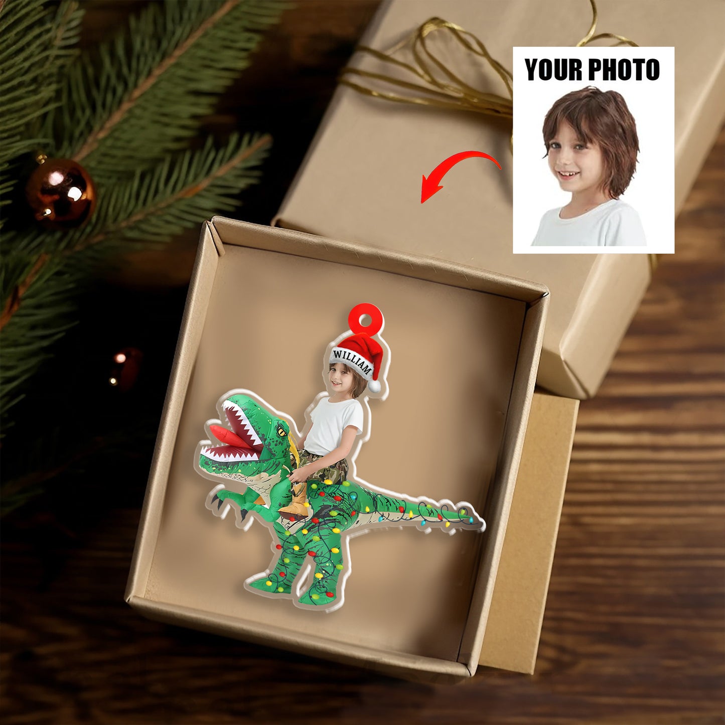 Petthouse | Personalized Baby Photo Name Christmas Ornament, Cute Kid Riding Dinosaur 2d Flat Xmas Ornament