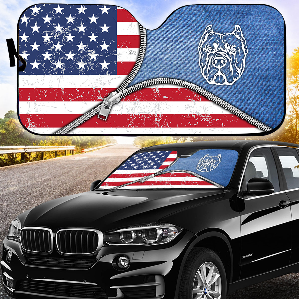 Petthouse | Dog Sunshade Pitbull Dog Denim American Car Sunshade American Patriot Windshield Sun Shade