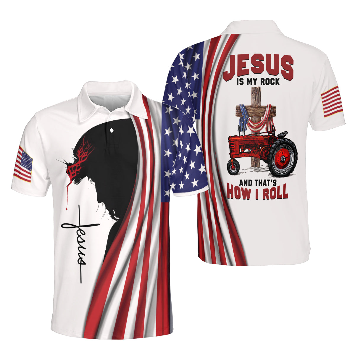 Petthouse | Jesus Christ Tractor American Flag Polo Shirt God Christian Cross Sport Shirt Gift For Farmers