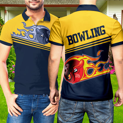 Petthouse | Bowling Fire Printed Polo Shirt, Funny Bowling Art Printed Polo, Bowling Player Lovers