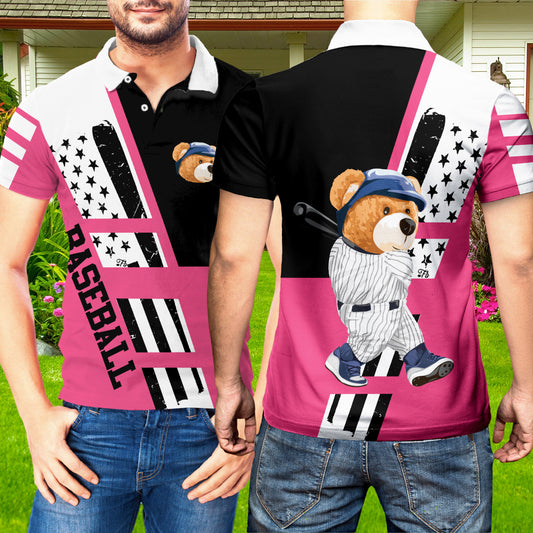 Petthouse | Baseball Polo Shirt Teddy Bear Baseball Player Polo Shirt Unisex [pink Baseball Polo