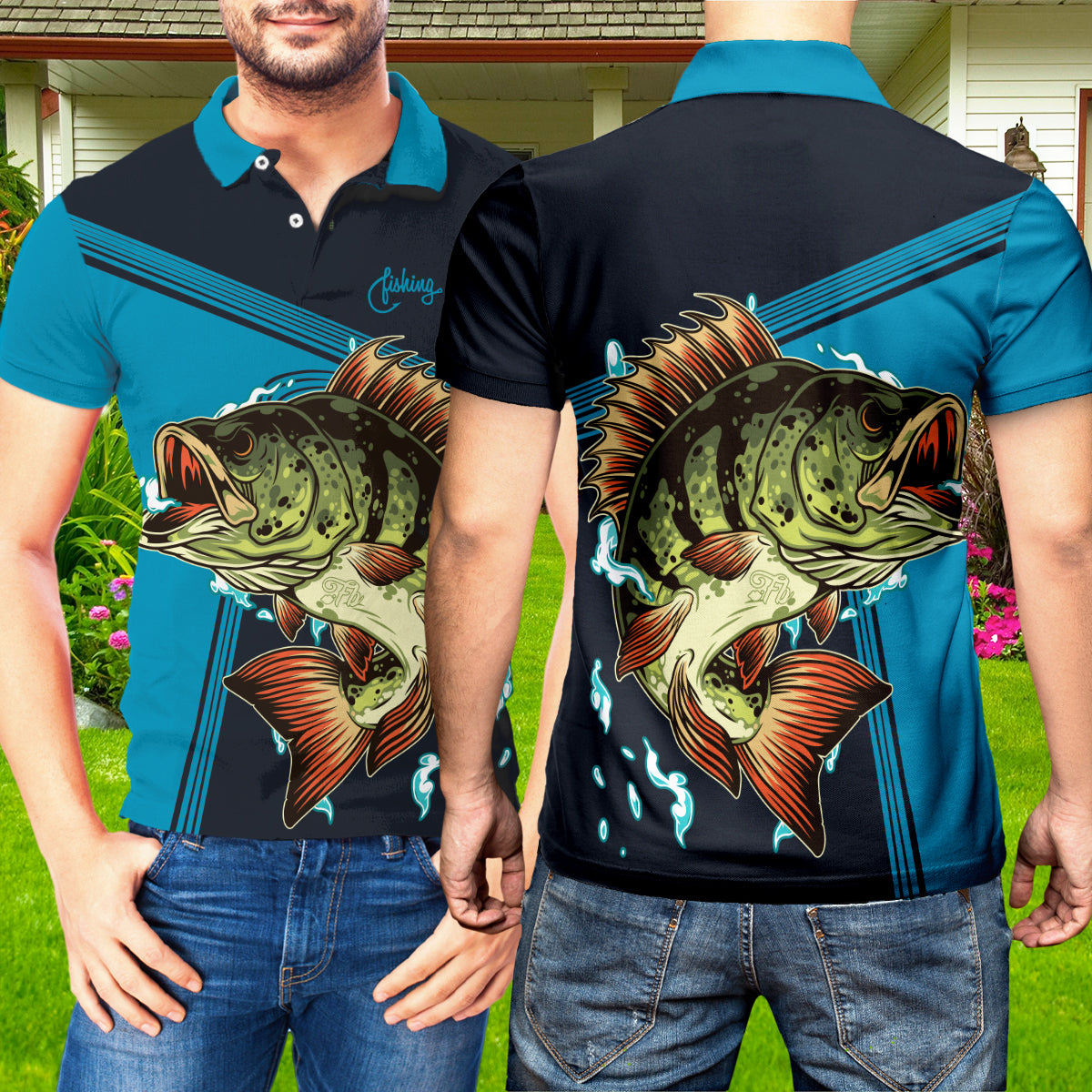 Petthouse | Fishing Blue Black Polo Shirt, Fish Lovers, Fisher Outdoor Fathers Day Dad Christmas Gift