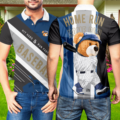 Petthouse | Cute Bear Polo Shirt Hit Hard & Run Fast Polo Shirt Baseball Polo Shirt Baseball Player Gift