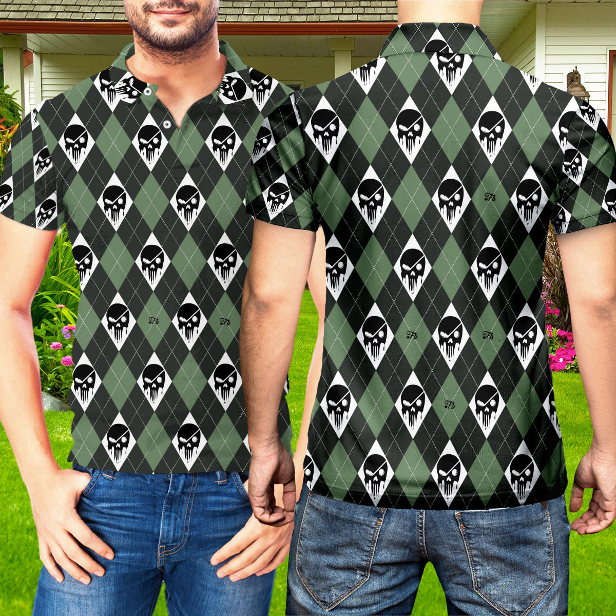 Petthouse | Skull Golf Pattern Printed Polo Shirt, Skull Skeleton Golfer Dad Polo, Golf Dad Gift Idea