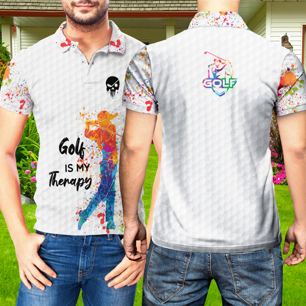 Petthouse | Colorful Golfman Polo Shirt, Golf Is My Therapy Polo Shirt, Golf Skull Polo Shirt