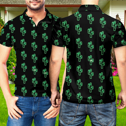 Petthouse | Cactus Pattern Printed Black Polo Shirt, Cactus Green Lovers Golfer Christmas Day Gift