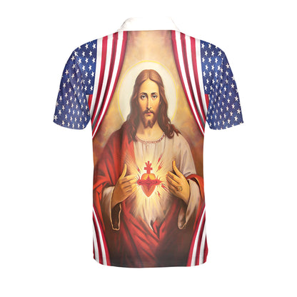 Petthouse | Sacred Heart Jesus American Flag Polo Shirt Jesus Christian Sport Shirt Religious Gift Patriot Gift