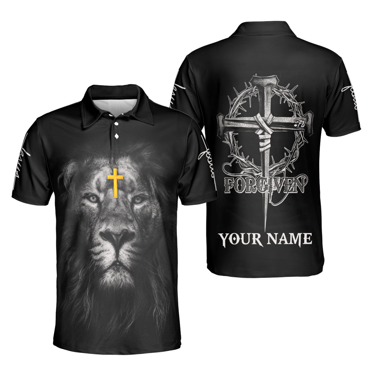 Petthouse | Custom Name Lion Jesus Cross And Crown Polo Forgiven Christian Gift