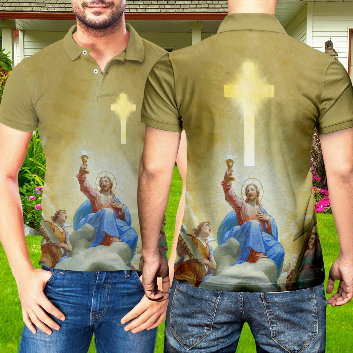 Petthouse | Jesus And Light Polo Shirt, Jesus Golden Cross Polo, Jesus Is My Savior, Christian Gift