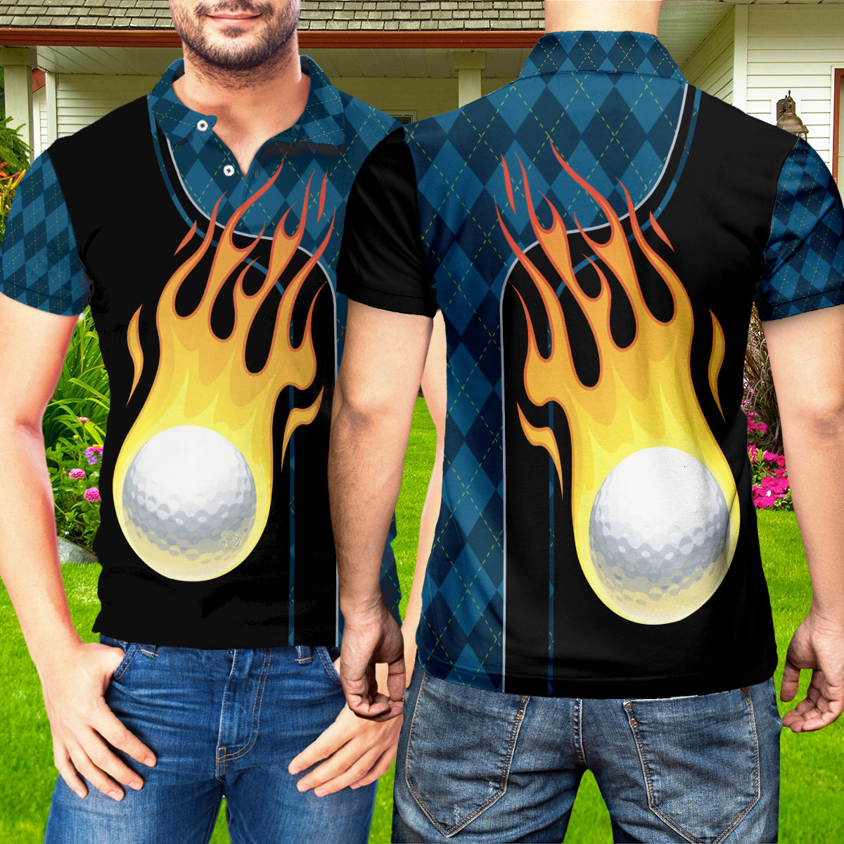 Petthouse | Golf Ball On Fire Polo Shirt Golf Fire Ball Unisex Polo Shirt Golf Argyle Pattern