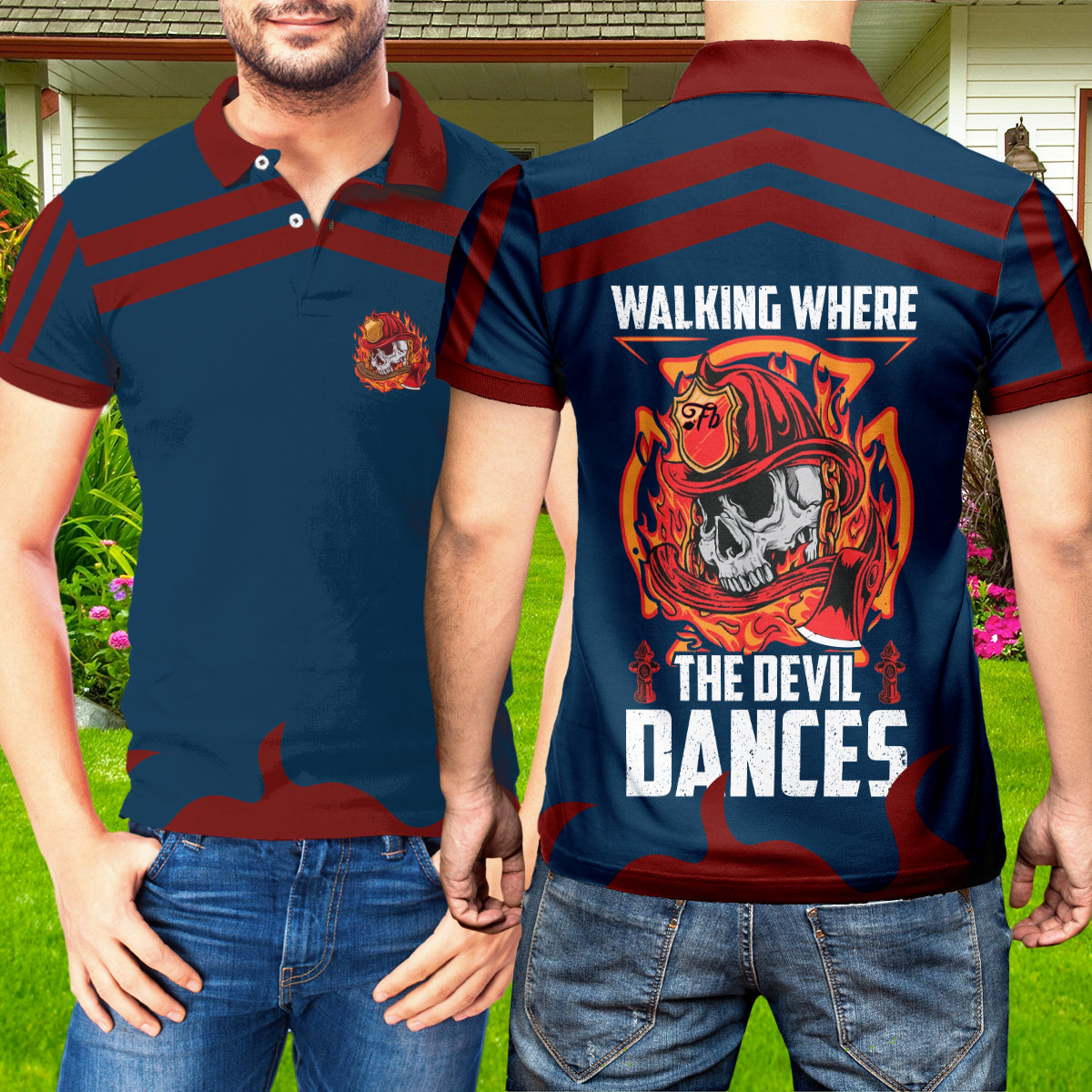 Petthouse | Skull Firefighter Polo Shirt Walking Where The Devil Dance Polo Shirt Fireman Gift