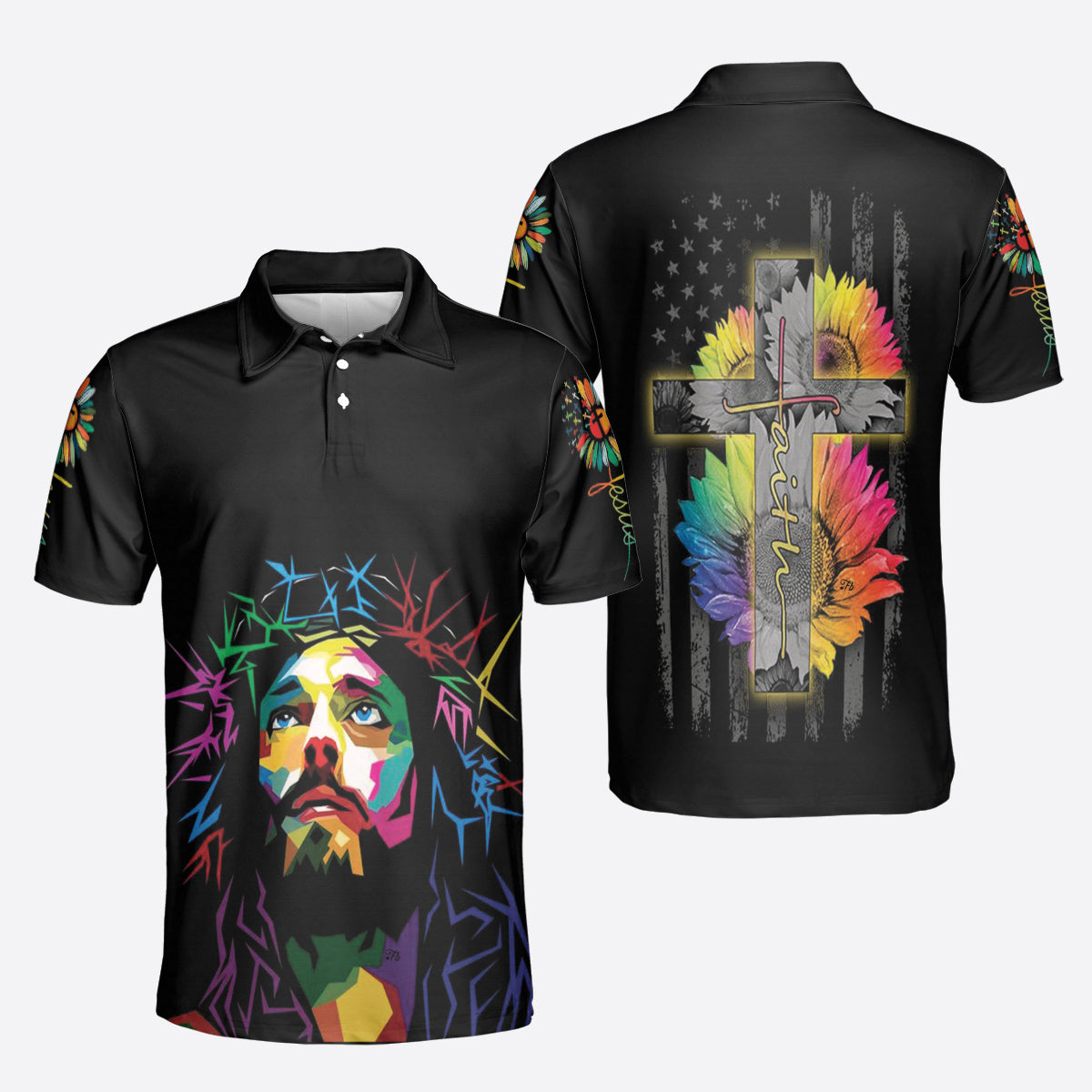 Petthouse | Jesus Faith Polo Shirt Rainbow Christ Cross Sunflower Polo Rainbow Jesus Art Polo Christian Gift