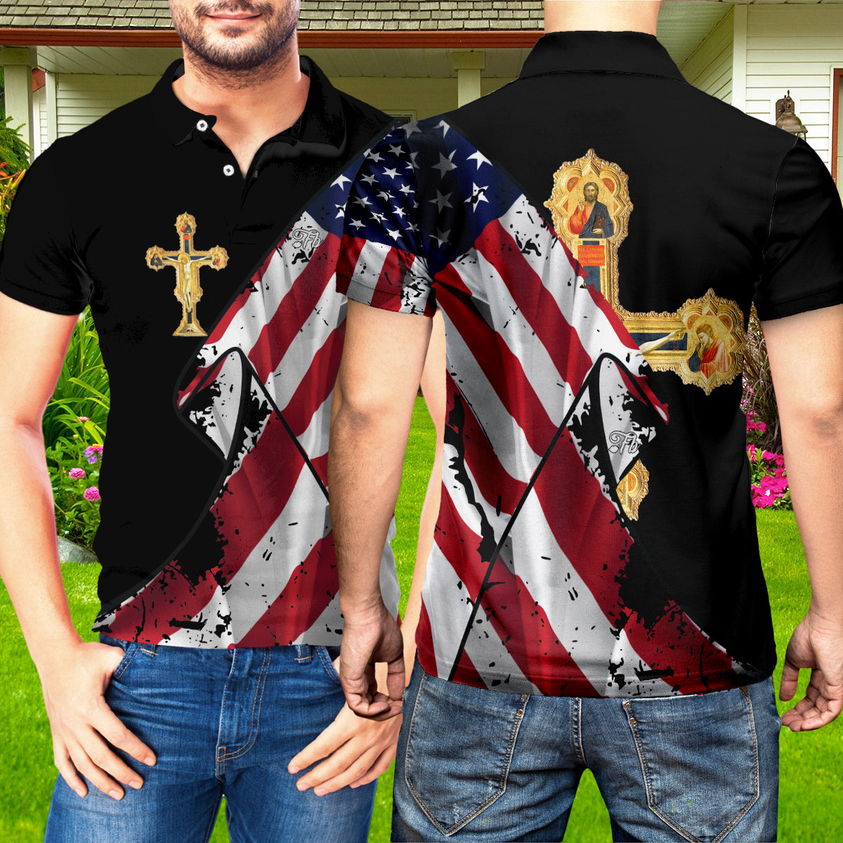 Petthouse | Jesus On Cross Polo Shirt Gold Cross Mens Polo Shirt Christian Gift