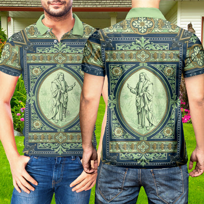 Petthouse | Jesus Christ Portrait In Ornamental Frame Polo Shirt Christian Gift Unisex Polo Shirt