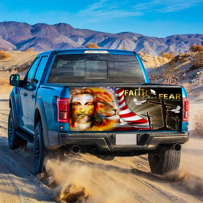 Petthouse | Jesus Lion Of Judah Tailgate Wrap Graphic Decal Jesus Fatih Over Fear American Flag Truck Decal