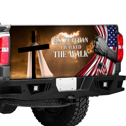 Petthouse | Cross Us Veteran I Walked The Walk Truck Tailgate Wrap Decal Christian Veteran American Flag