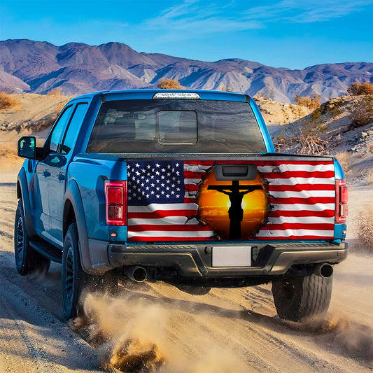 Petthouse | Jesus Sunset Tailgate Wrap, Jesus Crack Hole Usa Flag Tailgate Wrap, One Nation Under God