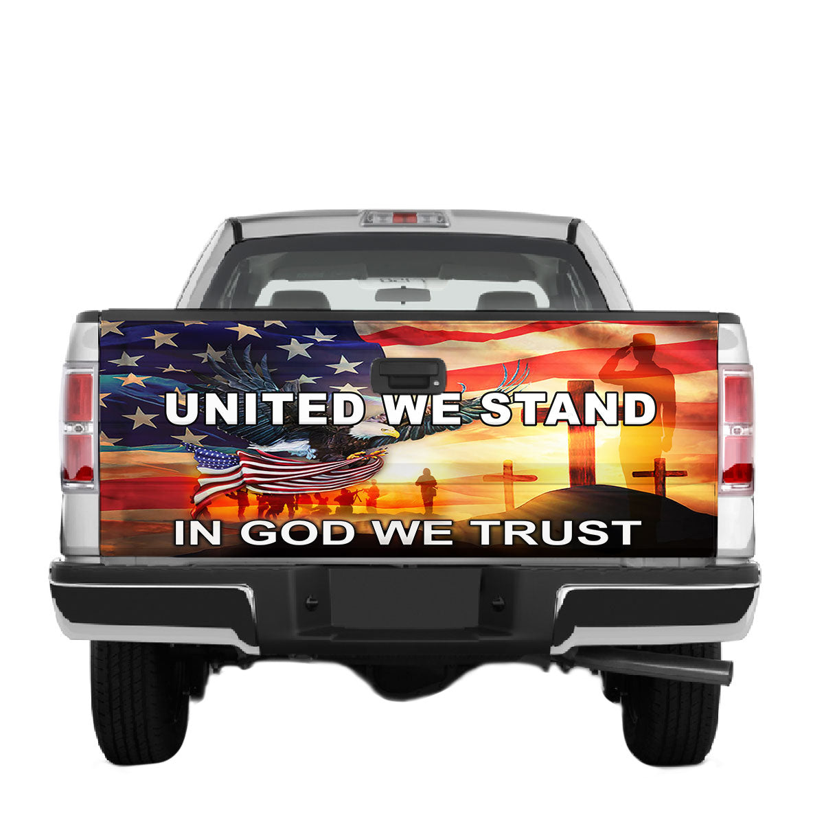 Petthouse | United We Stand In God We Trust Quote Solider Tailgate Wrap Decal Truck Decal Stickers Gift Idea