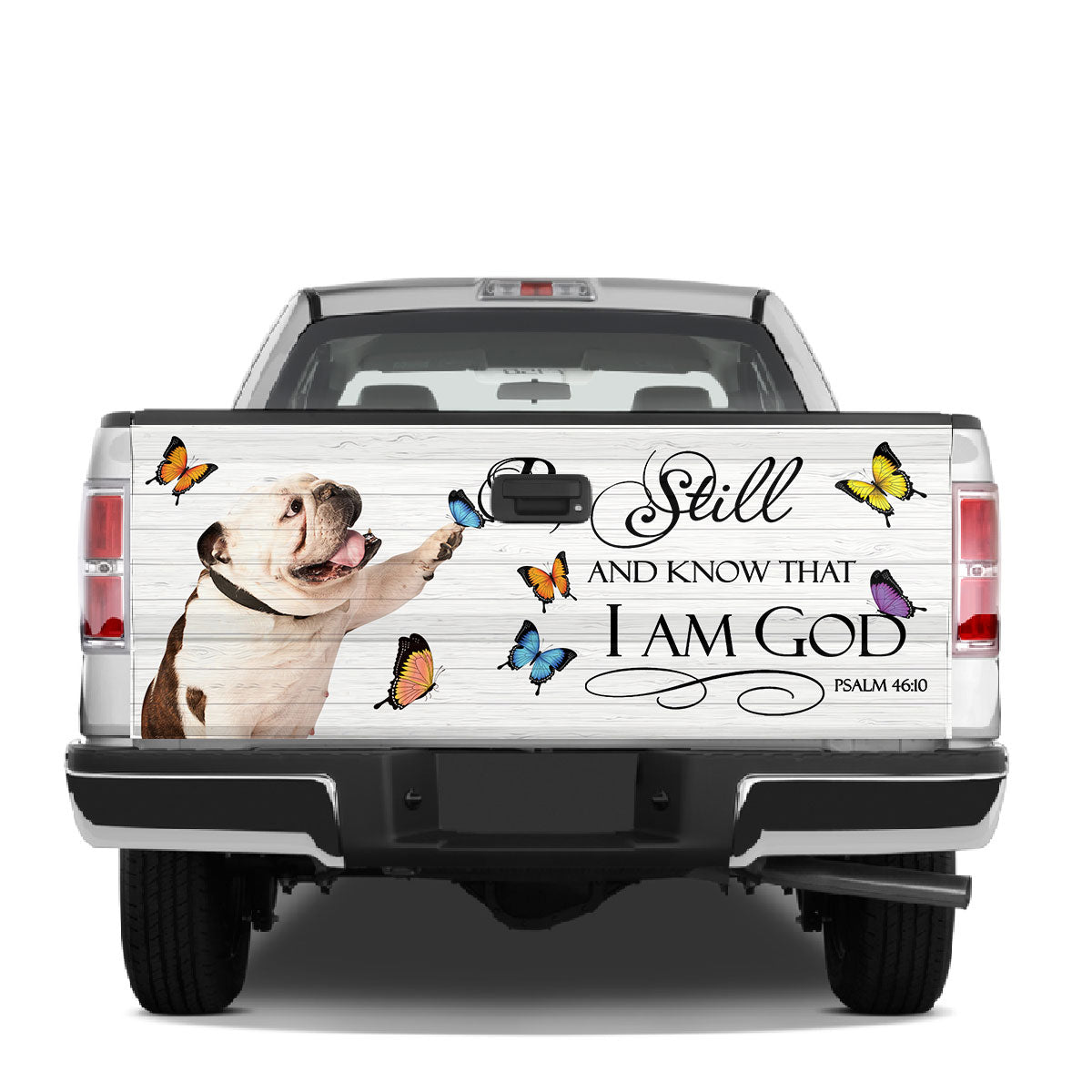 Petthouse | English Bulldog Tailgate Vinyl Graphic Wrap Dog Play With Butterflies Truck Wraps God Bible