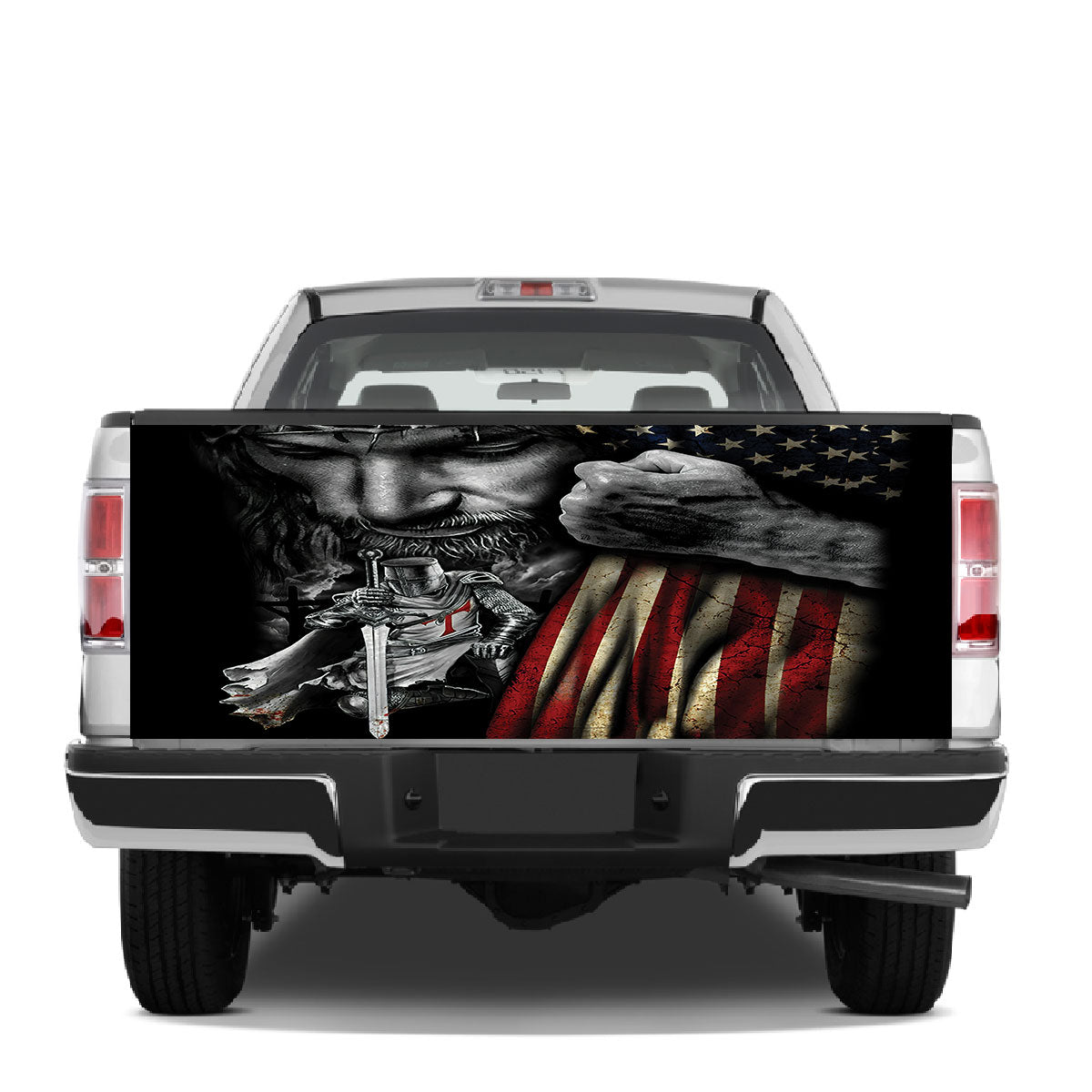 Petthouse | Knight Templar Kneel For The Cross Jesus Christ American Flag Tailgate Wrap Decal Sticker