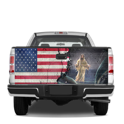 Petthouse | Jesus Christ American Flag Patriot Tailgate Wrap Vinyl Graphic Decal Sticker Christian Gift