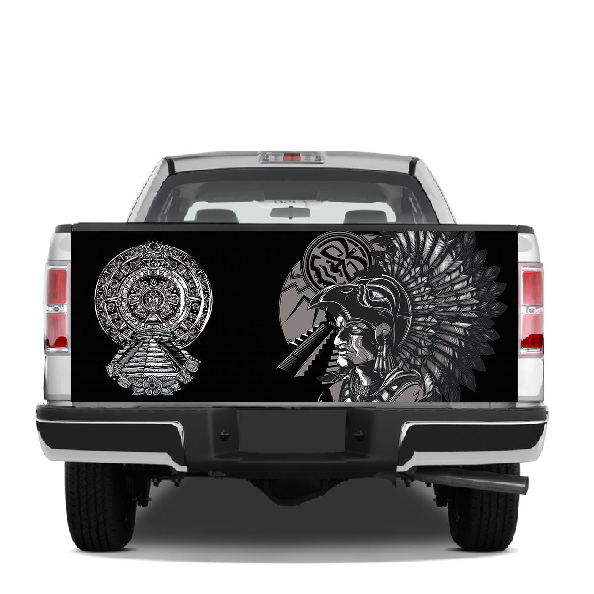 Petthouse | Aztec Warrior Artwork Tailgate Wrap Aztec Sun Pattern Tailgate Cover Mexican Pattern Cover Car Decor