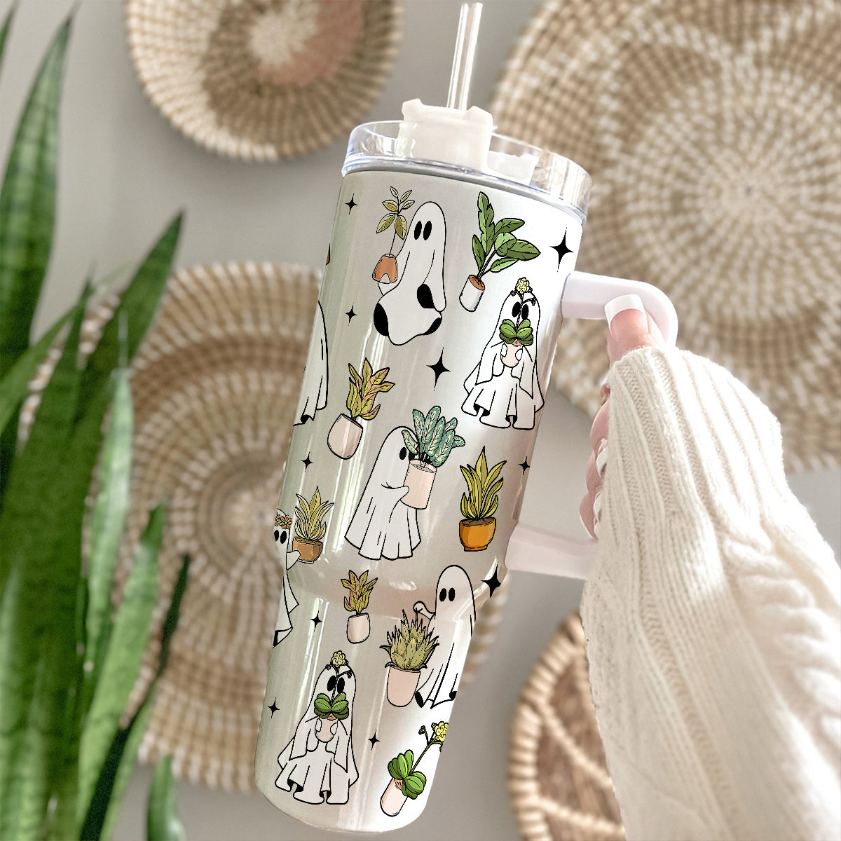 Petthouse | Ghost Plant Lady 40oz Tumbler With Handle, Ghost Plant, Halloween Ghost Plant Coffee