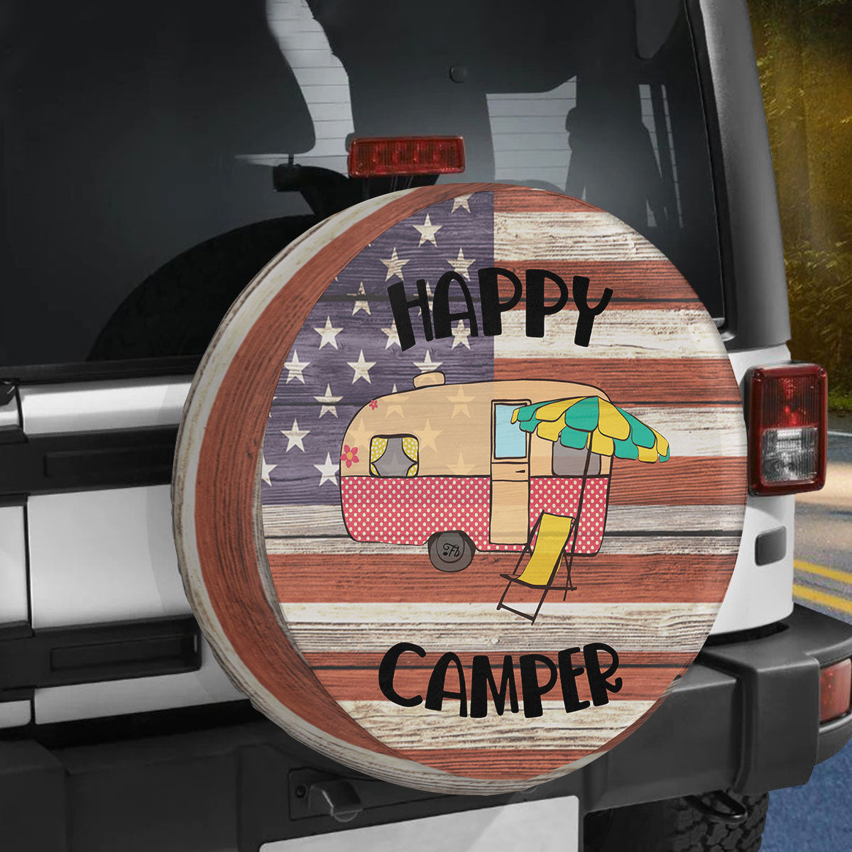 Petthouse | Happy Camper Spare Wheel Tire Cover Caravan Camping Trailer Wheel Cover Grunge American Flag