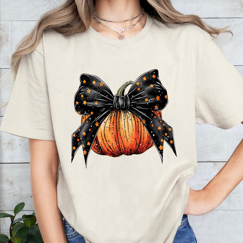 Petthouse | Halloween Pumpkin Coquette Bow Shirt, Coquette Stars Bow Shirt, Autumn Pumpkin Bow