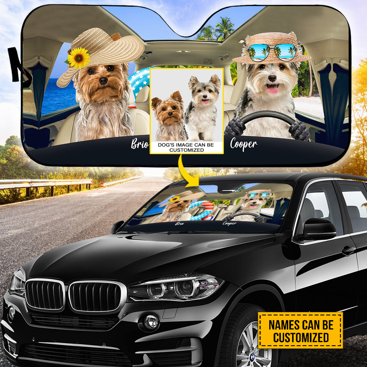 Petthouse | Yorkshire Terrier Beach Trip Car Sun Shade Windshield Customized Photo Dog Sunshade Sun Visor