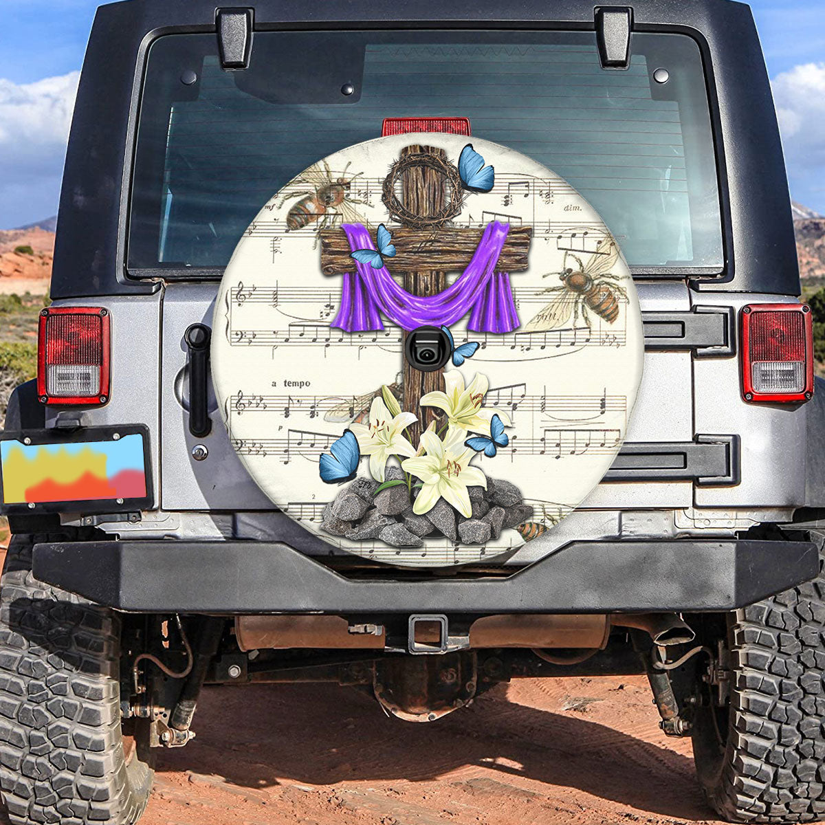 Petthouse | Christian Cross Spare Tire Cover Sheet Music Tire Protector Jesus Believer Butterfly Car Accessory