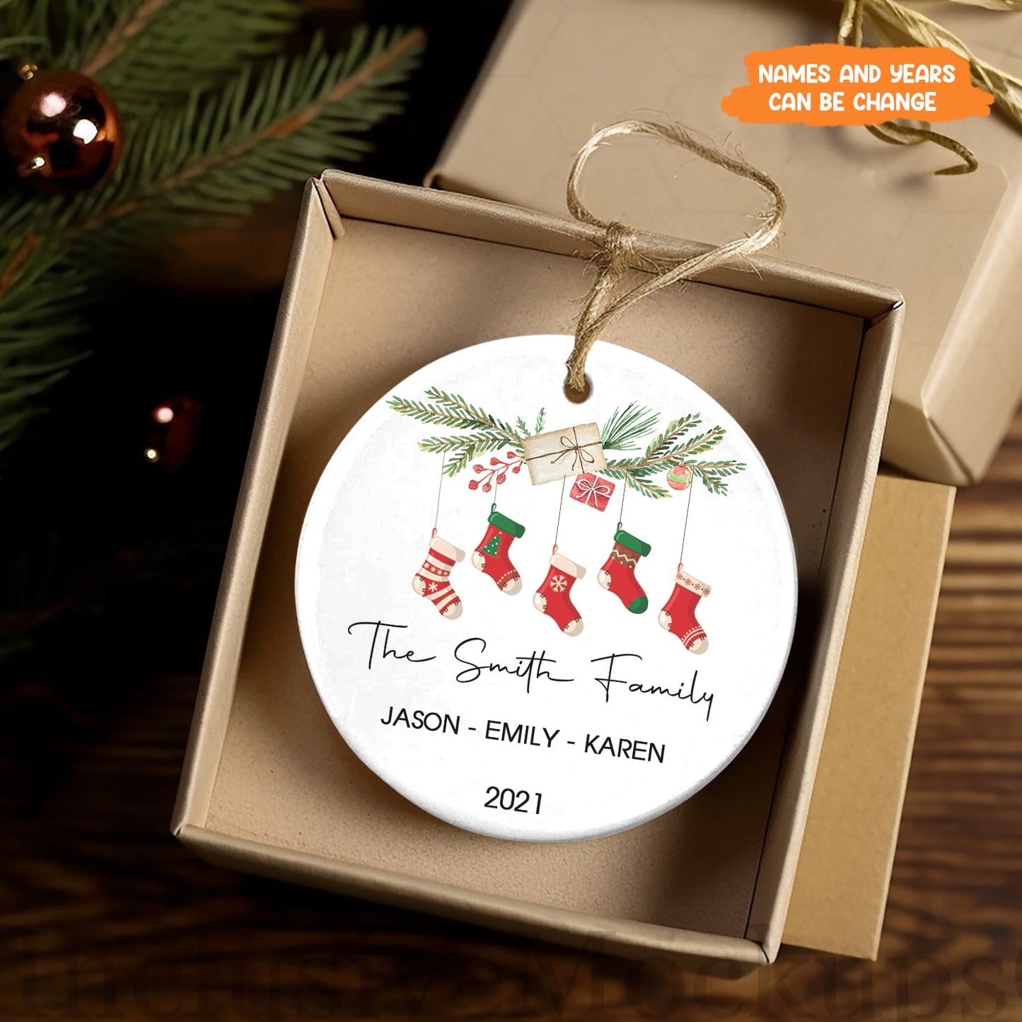 Petthouse | Personalized Family Christmas Ornament, Stockings Family Keepsake, Xmas Ceramic Ornament