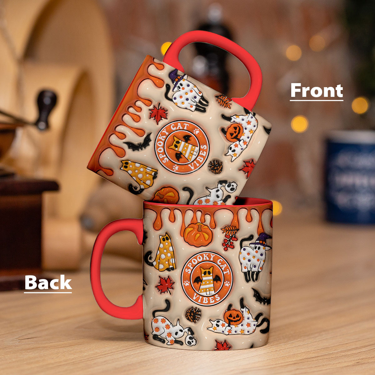 Petthouse | Spooky Cat Vibes Mug, Spooky Season 3d Inflated Effect Printed Mug, Cute Cat Ghost Mug