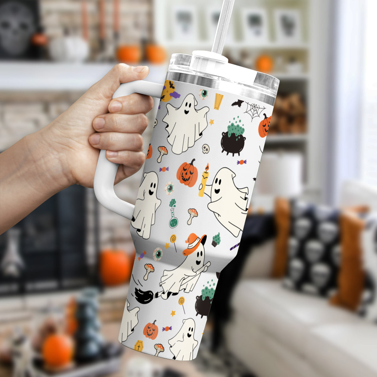 Petthouse | Ghost Halloween Retro Tumbler 40oz Tumbler, With Handle And Straw, Retro Ghosts, Spooky Season