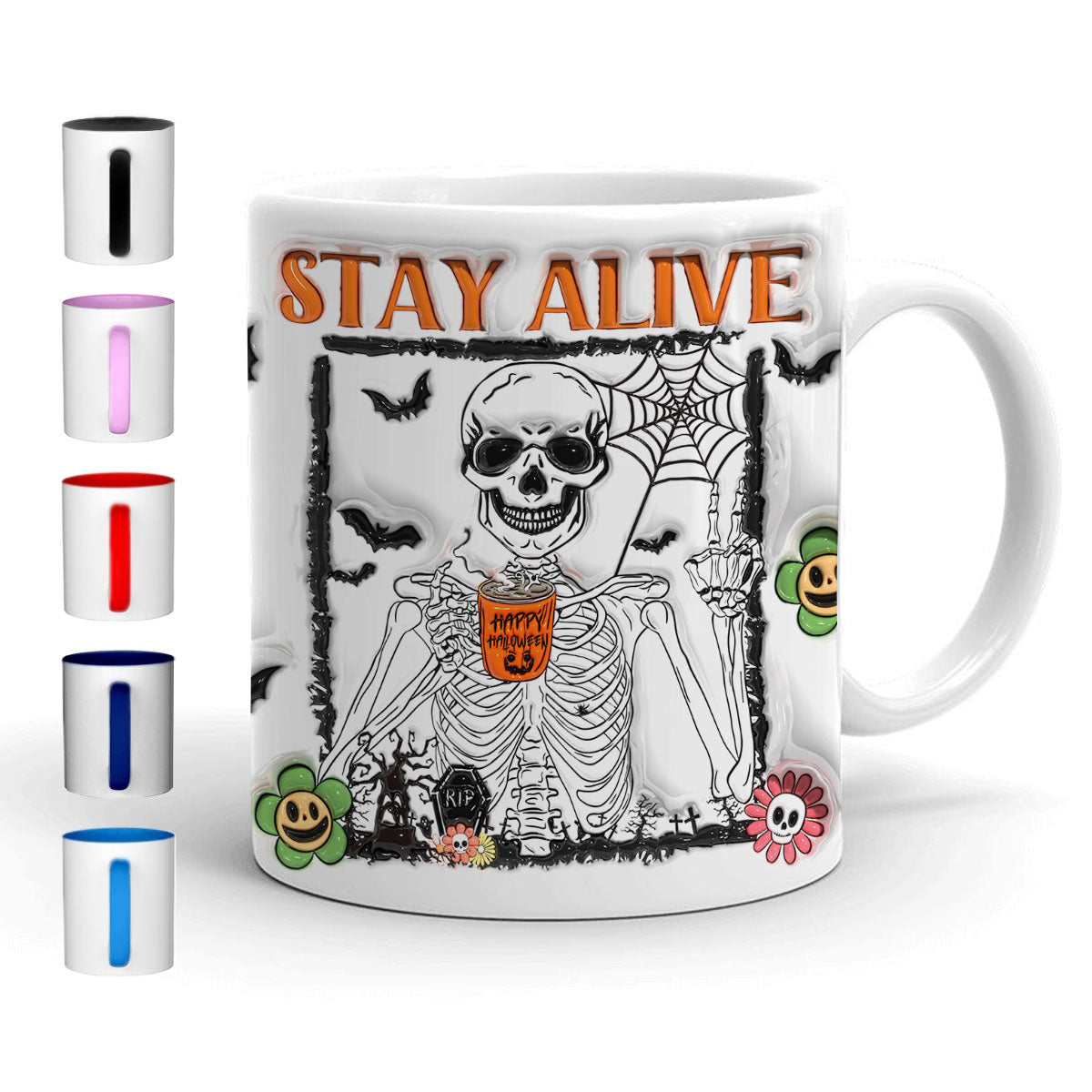 Petthouse | Skeleton Coffee Mug, Stay Alive 3d Inflated Mug, Spooky Vibes Mug, Pumpkin Spice Coffee