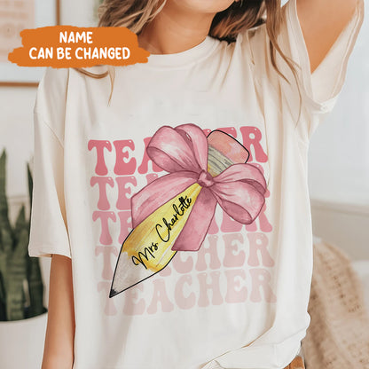 Petthouse | Custom Teacher Pencil Coquette Bow Shirt, Teach Love Inspire Techer Back To School