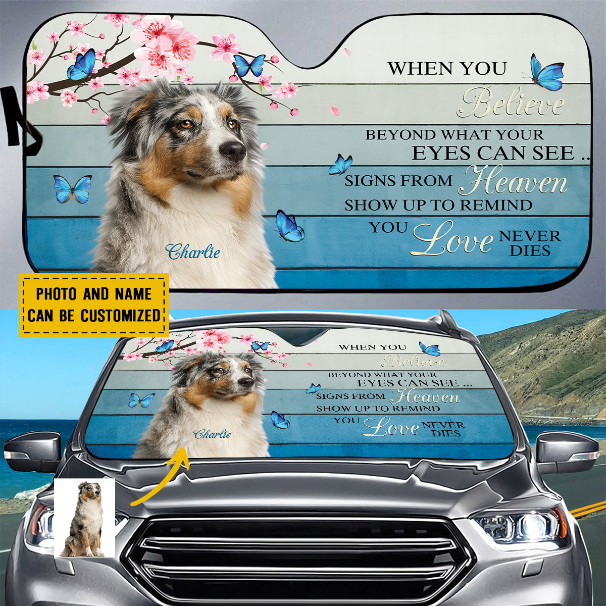 Petthouse | Customized Dog Sunshade Windshield Sun Shade Dog Remembrance Car Australian Shepherd