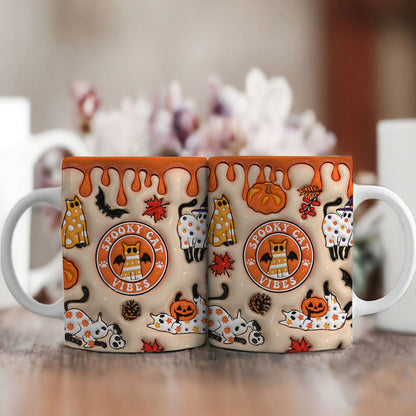 Petthouse | Spooky Cat Vibes Mug, Spooky Season 3d Inflated Effect Printed Mug, Cute Cat Ghost Mug